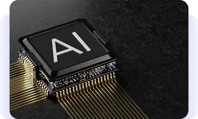 AI processor chip with gold circuit connections.