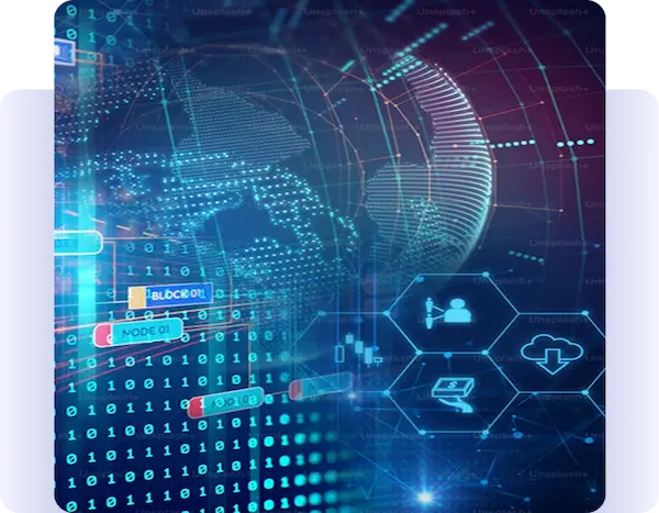 Digital illustration of global data networks, cloud computing, and binary code.