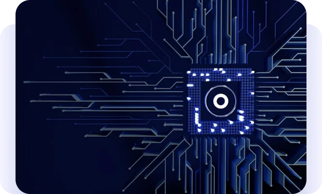 Blue illustration of a computer chip with circuit connections.