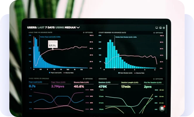 Computer screen displaying web analytics charts and user metrics.